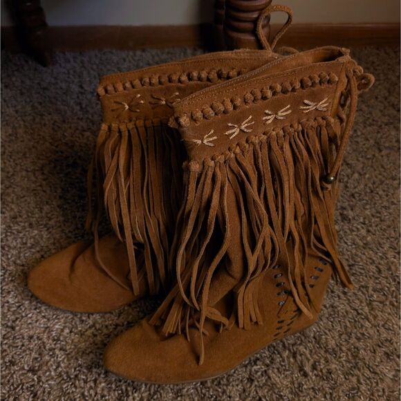 Vintage Leather Suede Fringe Ankle Boots Women's 7 Light Brown Lace Up Western - Picture 1 of 7